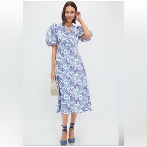 Blue Floral V-Neck Midi Dress with Puff Sleeves